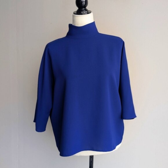 Uniqlo royal blue high neck 3/4 sleeve blouse - Picture 1 of 3